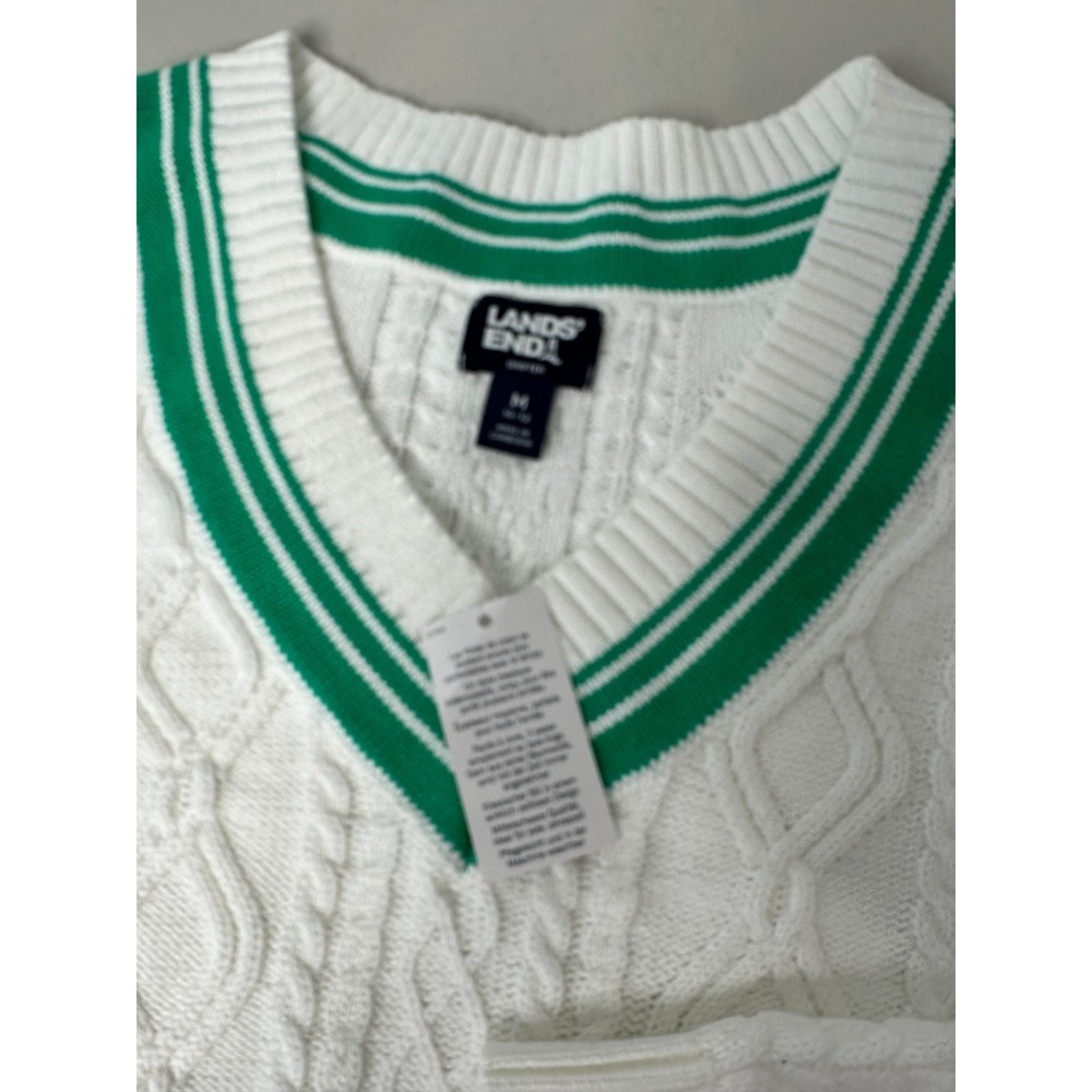 New Lands End Cricket Sweater Size M White Green Cable Knit V Neck Preppy - Picture 6 of 8